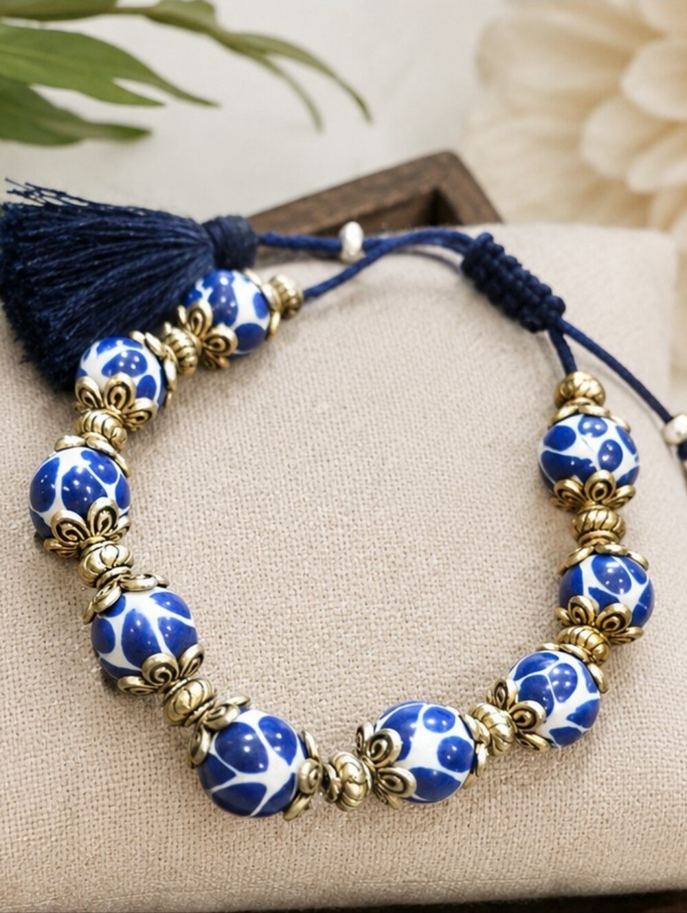 Handpainted Blue & White Ceramic Beaded Tassel Bracelet